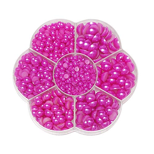 Chenkou Craft Around 1900pcs Assorted 7 Sizes Immitation Half Pearl Bead Flat Back Gem Scrapbook Craft DIY Loose Beads + Plastic Box (Dark-Fuchia) - color: Dark-fuchia