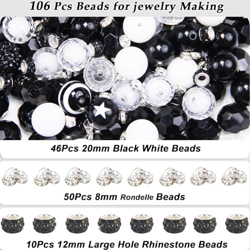 106 Pcs 20mm Beads for Pens Making with Rondelle Spacer Beads Black White Acrylic Focal Bubblegum Bead Crystal Round Sparkly Chunky Bead for Pens Beadable Keychain DIY Craft Jewelry Making Supplies - color: Black White