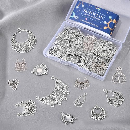 SUNNYCLUE 1Box 48Pcs 12 Style Chandelier Connector Earring Findings Multi Loops Bohemian Charms Antique Silver Round Teardrop Charms for Jewelry Making DIY Craft Supplies - color: 48pcs 12 Style