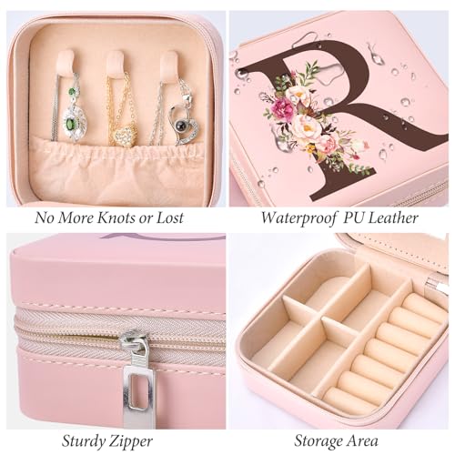 Inngeroo Small Travel Jewelry Case for Girls Women, Travel Jewelry Box Organizer Personalized Pink Gifts for Wife Mom, Gift for Friend Sister Grandma Aunt, Initial R - style: R
