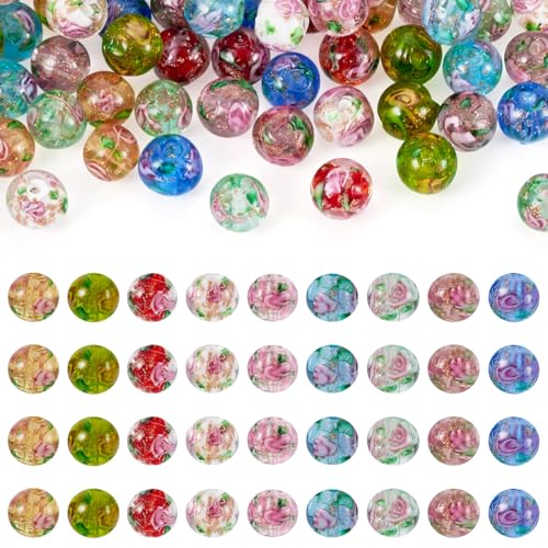 Elecrelive 54Pcs Flower Glass Beads 10mm Gold Sand Lampwork Beads 9 Colors Round Floral Crystals for DIY Bracelet Necklace Earring Jewelry Making - color: 9 Colors