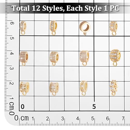 PH PandaHall 12 Styles 18K Gold Plated Spacer Bail Bead Hanger Rhinestone Bail Beads with Charm Loop, Cubic Zirconia Bails Connectors for European Necklace Bracelet Pendant Jewelry Making