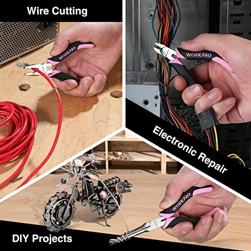 WORKPRO 6-Piece Mini Pliers Set, Needle Nose, Long Nose, Bent Nose, Diagonal, End Cutting and Linesman, for Crafts Work, Electronic Repair, with Pouch - Pink Ribbon - color: Pink
