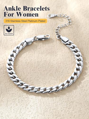 U7 Women Girls Barefoot Jewelry 18K Gold or Rose Gold Stainless Steel Heart/Rope/Figaro/Cuban Chain Anklet Foot Bracelet, 25-30 CM Long - color: Platinum Plated-5mm-Cuban Chain