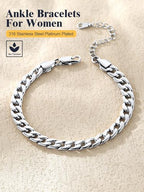 U7 Women Girls Barefoot Jewelry 18K Gold or Rose Gold Stainless Steel Heart/Rope/Figaro/Cuban Chain Anklet Foot Bracelet, 25-30 CM Long - color: Platinum Plated-5mm-Cuban Chain
