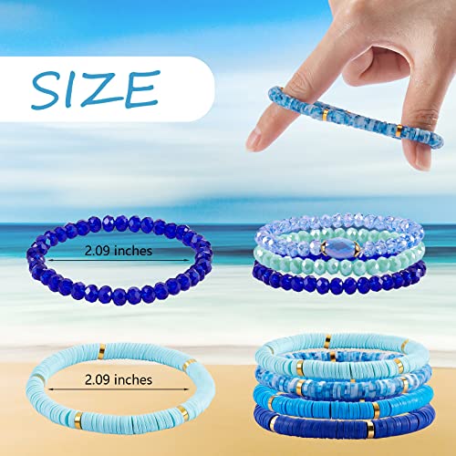 Ornaland 7Pcs Handmade Polymer Clay Heishi Surfer Stretch Bracelets Set Colorful Glass Beads Bracelets Boho Stackable Preppy Bracelets Wrist Jewelry for Women - color: Blue