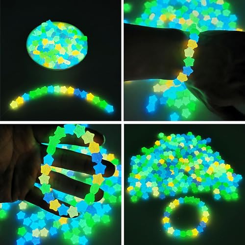 500Pcs Glow in The Dark Beads, Glowing Solar Luminous Star Smile Face Beads Mixed Acrylic UV Beads Color Changing Bracelet Beads Sun Sensitive Plastic Glow Beads Bulk for Jewelry Making Bracelets - color: Mixed Colors Star Beads