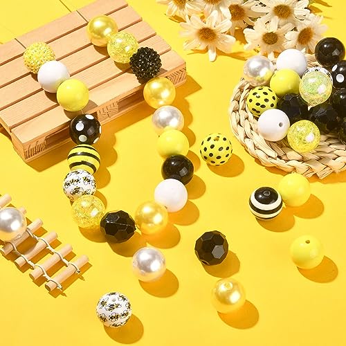 DanLingJewelry 50Pcs 20mm Bee Acrylic Beads - Yellow Black Round Ball Dot Stripe Printed Beads for DIY Crafts Bracelet Jewelry Making - color: 50pcs - bee