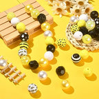 DanLingJewelry 50Pcs 20mm Bee Acrylic Beads - Yellow Black Round Ball Dot Stripe Printed Beads for DIY Crafts Bracelet Jewelry Making - color: 50pcs - bee