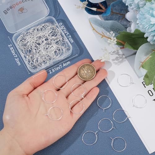 Beebeecraft 1 Box 100Pcs Hoop Ear Wires 316 Stainless Steel Earring Round Loops Findings Wine Glass Charm Rings for Beading Jewelry Making 20mm - color: Silver, size: 20mm