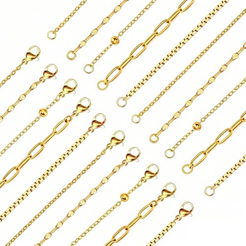 stino 20 Pack (5 Styles) Stainless Steel Chains for Jewelry Making, Bulk Gold Plated Chains, Satellite, Paper Clip, Lip, Rolo, Cable Mixed Styles (Gold Plated (21 inch)) - color: Gold Plated (21 inch)