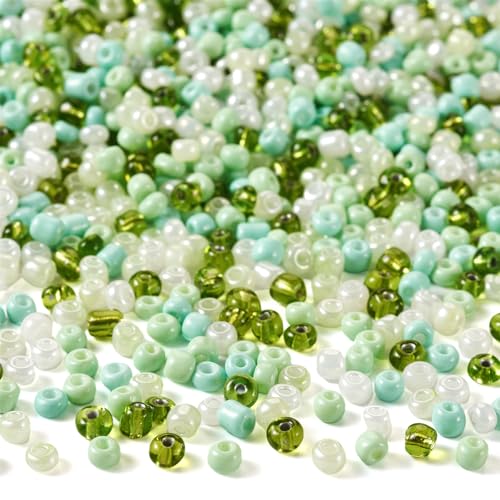 Pandahall 100 Gram 6/0 Round Seed Beads - 4mm Tiny Glass Seed Beads in Green & White, Perfect for Jewelry Making - color: Green Theme, size: 6/0