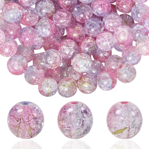 100Pcs 10mm Crackle Glass Beads for Jewelry Making - Round Spacer Crystal Beads Bulk, DIY Craft Supplies for Necklace Bracelet Earrings (Pink Light Purple) - color: Pink Light Purple