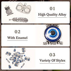 Cheriswelry Rhinestone Enamel Connectors Charm Links Evil Eye Alloy Metal Pendants Antique Silver Flat Round Hamsa Hand Owl Feather Heart Charm Pendant for Bracelet Necklace Jewelry Making - color: Antique Silver-Mixed Shapes