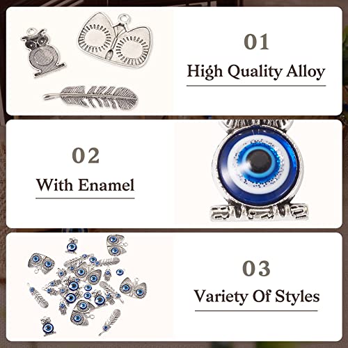 Cheriswelry Rhinestone Enamel Connectors Charm Links Evil Eye Alloy Metal Pendants Antique Silver Flat Round Hamsa Hand Owl Feather Heart Charm Pendant for Bracelet Necklace Jewelry Making - color: Antique Silver-Mixed Shapes