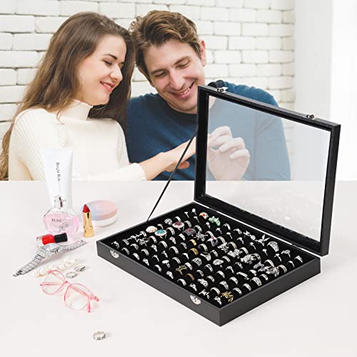 100 Slots Ring Case Organizer Display Box,Rings Holder Storage Boxes for Jewelry Showcase with Glass Lid (Black Velvet).