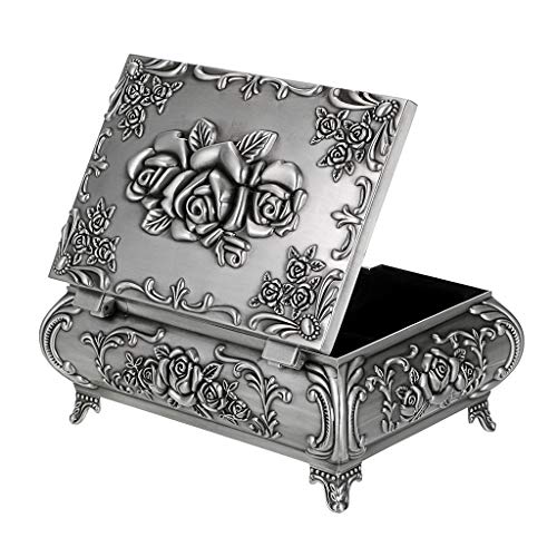 Hipiwe Vintage Metal Jewelry Box Small Trinket Jewelry Storage box For Rings Earrings Necklace Treasure Chest Organizer Antique jewelry Keepsake gift Box Case for Women (Large) - color: Silver, size: Large
