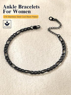 U7 Women Girls Barefoot Jewelry 18K Gold or Rose Gold Stainless Steel Heart/Rope/Figaro/Cuban Chain Anklet Foot Bracelet, 25-30 CM Long - color: Black-5mm-Figaro Chain