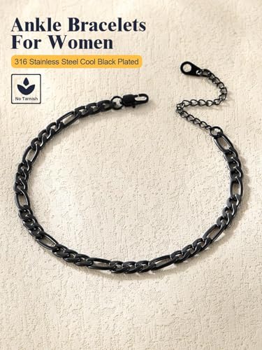 U7 Women Girls Barefoot Jewelry 18K Gold or Rose Gold Stainless Steel Heart/Rope/Figaro/Cuban Chain Anklet Foot Bracelet, 25-30 CM Long - color: Black-5mm-Figaro Chain