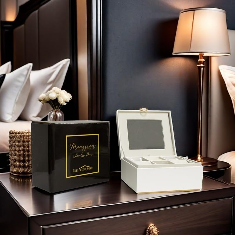 COLLECTIVE HOME - Monogram Jewelry Box with Mirror, Custom Gold Letter Engraving, Elegant Jewelry Organizer with Removable Tray, Ideal Gift for Mother’s Day, Girlfriend, Birthday (i) - color: i