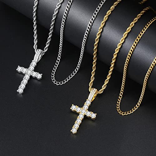 GEMOSA Cross Chain for Men 14K Gold Silver Plated Solid Iced Out 5A+ Cubic Zirconia Stainless Steel Cuban Link rope Layered Chains 16-24 Inch Large Cross Diamond Pendant Nceklace Jewelry Gifts - color: Silver, size: 18/20 inch