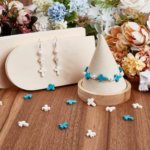 SUNNYCLUE 1 Box 100Pcs Cross Beads Bulk White Blue Synthetic Turquoise Stone Beads Easter Holiday Pocket Crosses 16x12mm Mini Small Loose Spacer Cross Beads for Jewelry Making DIY Beading Supplies - color: 100pcs 12x16mm White Blue Cross Beads