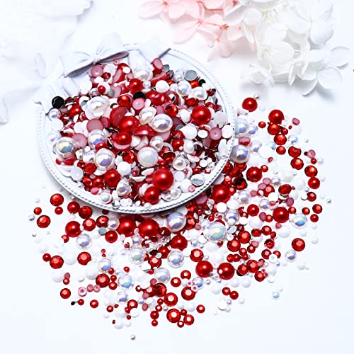 60g Mix Pearls and Rhinestones, 2mm-10mm Flatback Jelly Rhinestones and Half Pearls for Crafts Shoes Tumblers Nails Face Art, with Picker Pen, Red|White - color: Candy Cane Blend | Mix Red | White