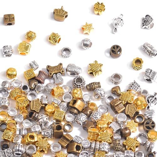 120Pcs Large Hole Metal Spacer Beads for Jewelry Making, Silver & Gold Focal Charms for Bracelet, Large Hole & Mixed Style (Mixed Color) - color: 120Pcs Mixed Color