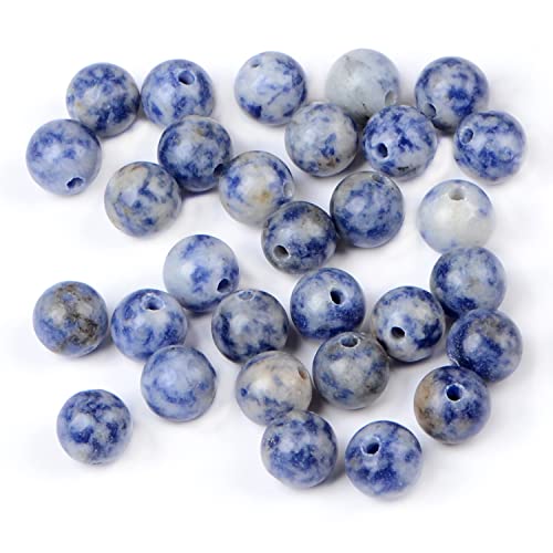 AD Beads Natural semi Precious Gemstone 10mm Round Loose Beads Big Hole 2mm Sized 30pcs (Blue Spot Jasper) - color: Blue Spot Jasper