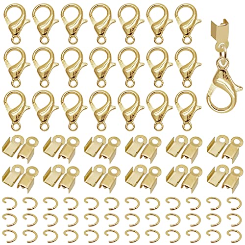 500pcs Fold Over Cord Ends Kit for Jewelry Making,Jewelry Making Accessories Set Includes 100pcs Lobster Claw Clasps 200pcs Jump Rings 200pcs Fold Cord Over Ends Tips for DIY Bracelets (K Gold) - color: K Gold