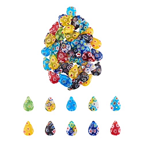 UR URLIFEHALL 50 Pcs Millefiori Lampwork Glass Beads Teardrop Loose Beads for DIY Jewelry Bracelet Necklace Festival Birthday Gift - color: 50pcs-12x8.5x3.5mm-teardrop millefiori charms