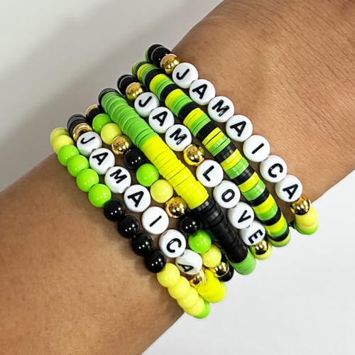 Jamaica Clay Beads Bracelets Making Kit - Jamaican Party Supplies - Jamaica Independence Day Boho DIY Art Craft Jewelry Making Set with Assorted Beads - 1 Box, Yellow, Green and Black
