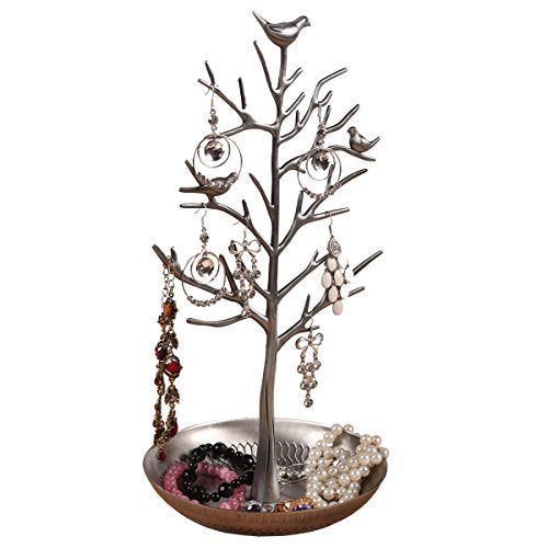Inviktus Silver Birds Tree Jewelry Stand Display Earring Necklace Holder Organizer Rack Tower-silver - color: antique silver