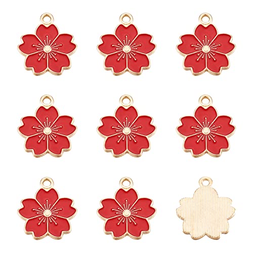 Beadthoven 100pcs Enamel Charms Cherry Blossom Daisy Flower Pendants Gold Plated Small Cute Bulk for Jewelry Making Bracelet Necklace Earrings Keychain DIY Accessories - color: Sakura Flower-Red