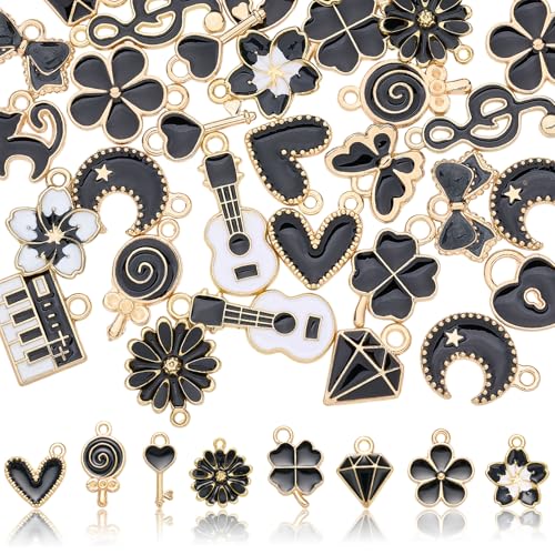 40Pcs Assorted Enamel Charms for Jewelry Making Cute Charms Bulk Pendant for Bracelets Necklace Earring Keychains DIY Supplies - color: Black
