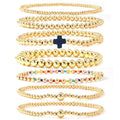 14K Gold Beaded Cross Beaded Bracelet Stack Set for Women,7PCS Bohemian Colorful Beads Ball Stretch Stackable Bracelets Trendy Holiday Birthday Gift - color: Navy Blue