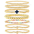 14K Gold Beaded Cross Beaded Bracelet Stack Set for Women,7PCS Bohemian Colorful Beads Ball Stretch Stackable Bracelets Trendy Holiday Birthday Gift - color: Navy Blue