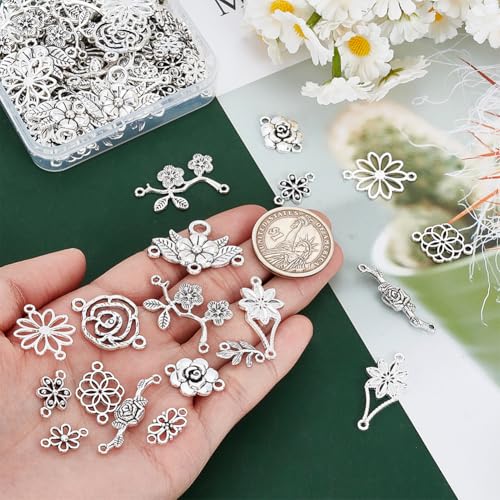 PH PandaHall 96pcs 12 Styles Flower Charms, Flower Connectors Links Pendant Metal Filigree Charms Jewelry Connector for Dangle Earrings Bracelets Necklaces Crafts Making, Antique Silver