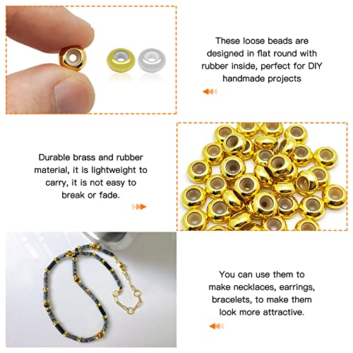 80pcs 8mm Stopper Beads Brass Flat Round Rondelle Spacer Beads Adjustable Slider Clasps Round Beads Insert Rubber Crimp Stopper Beads for DIY Bracelet Necklace Jewelry Making(2mm Hole,2Colors) - color: Gold,silver