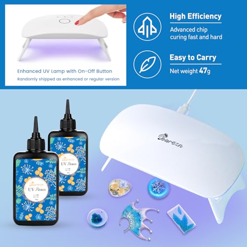 Bsrezn 200g UV Resin Kit with Light, Crystal Clear Solar Activated UV Epoxy Resin for Jewelry Making (100g x 2) - size: 200g Kit With Light