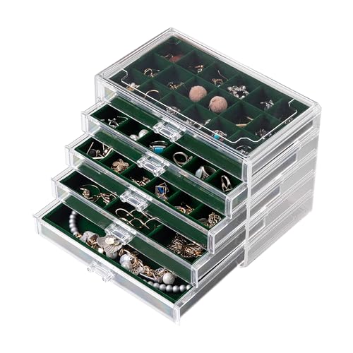 Frebeauty Acrylic Jewelry Organizer Earring Organizer Box with 5 Drawers Earring Holder Organizer with Velvet Trays Clear Jewelry Box for Women Earring Display for Rings Studs(Blackish Green) - color: Blackish Green
