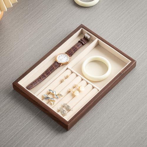 Black Walnut Wood Jewelry Tray with Velvet Lining, Multi-Functional Jewelry Organizer for Rings, Earrings, Necklaces & Bracelets, Drawer Jewelry Storage & Display Tray - color: 2grid+5 line