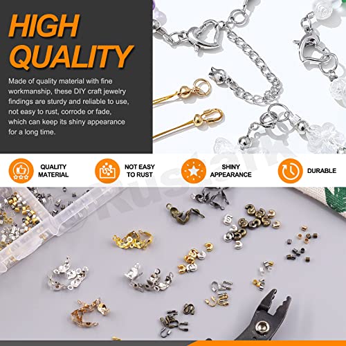 1501Pcs Crimp Beads Covers with Bead Crimping Pliers Tool Assortment Kit Brass Crimp Beads Tips Knot Covers Wire Guardians Fold Over Clamshell Crimp Beads Tubes for Jewelry Making DIY Crafts