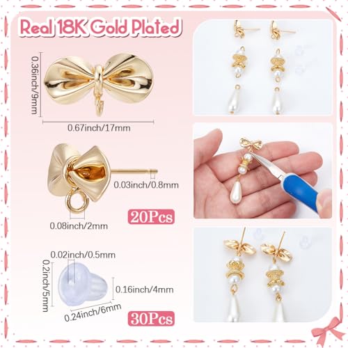 SUNNYCLUE 1 Box 50Pcs Real 18K Gold Plated Bow Earring Posts Stud Earring Findings with Ear Nuts Cute Bowknot Earring Post Earrings Studs for Jewelry Making Accessories DIY Dangle Earrings Craft - style: Bow 3