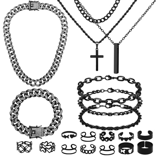 NEWITIN 15 Pieces Silver Jewelry Set for Men Stainless Steel Cuban Link Necklace Bracelet Cross Pendant Necklace Vintage Ring Cuban Jewelry Set for Men Women - color: Black Jewelry Set