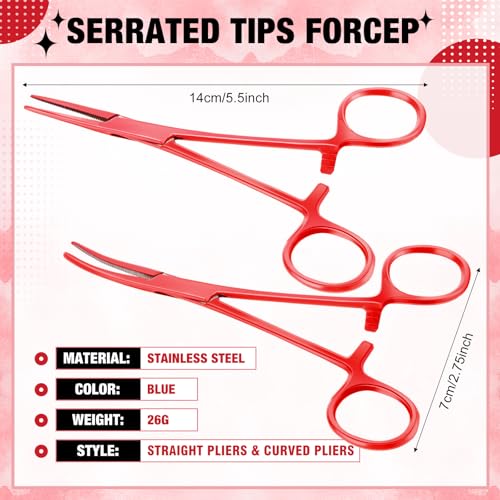 BBTO Hemostat Curved and Straight Hemostat Forceps Piercing Pliers Forceps, Stainless Steel Straight and Curved Pliers, Fishing Tweezer(Red,2 Pcs) - color: Red