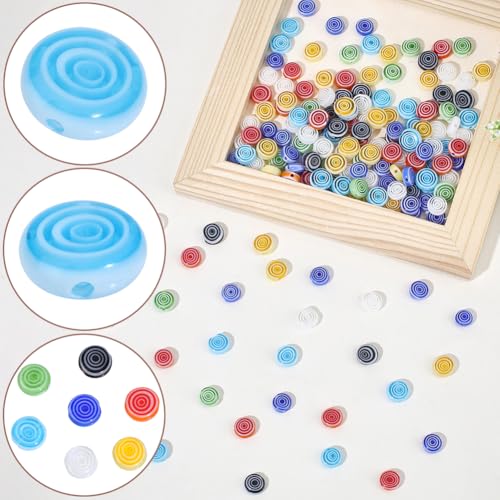 1 Box 180PCS 8MM Lampwork Glass Beads with Hole Handmade Flat Round Spiral Millefiori Mosaic Stripe Colorful Loose Spacer Bead Bulk for Jewelry Making Earrings Bracelets Necklace DIY Craft