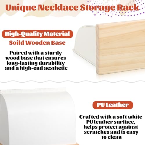 2 Pack Cambered Wooden Necklace Display Stand, Soft Mat Necklace Holder Tabletop Jewelry Display Storage Holder for Necklaces Pendant (White, PU Leather)