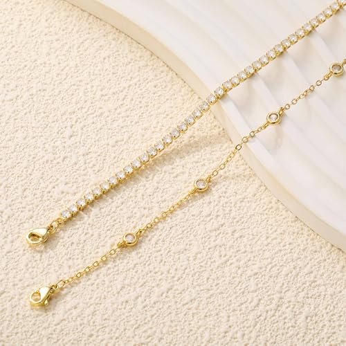 RLMOON Gold Silver Anklets for Women CZ Ankle Bracelet 14K Gold Plated Waterproof Layered Stackable Tennis Dot Chain Anklet Trendy Summer Beach Foot Jewelry - color: E:Tennis Anklet Gold