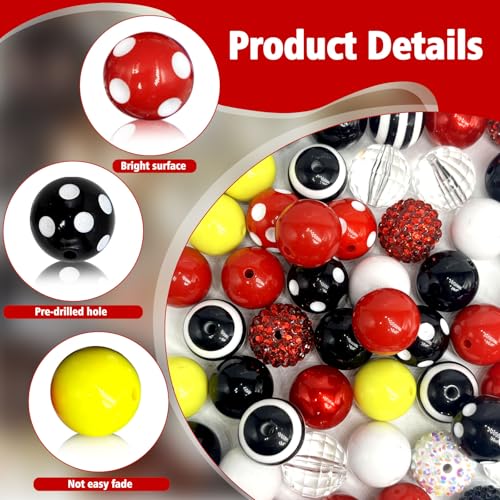 50Pcs Black Red Chunky Bubblegum Beads for Adult DIY Beadable Pens Bracelets Necklaces Pearl Beaded Craft Graduation Jewelry Making - color: Black+Red